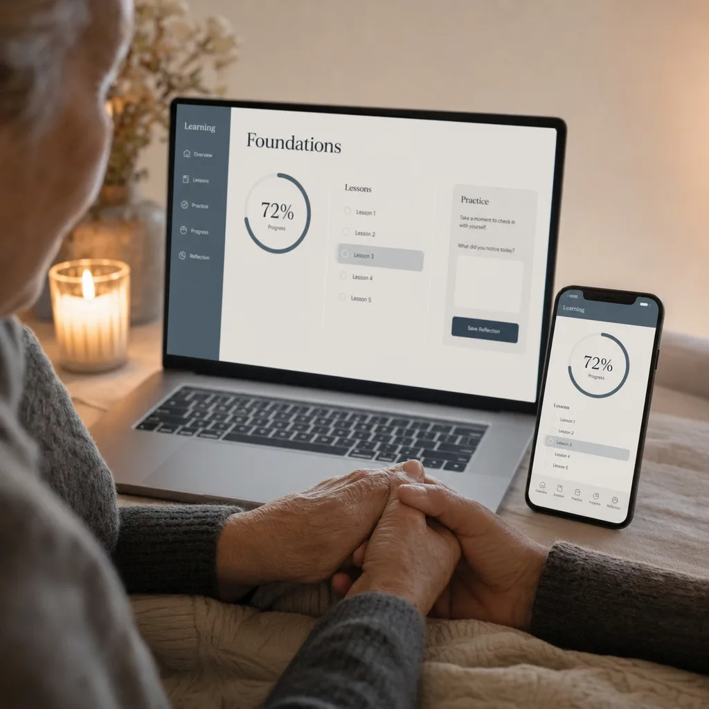 Inside the program: course dashboard with modules, lessons and reference guides